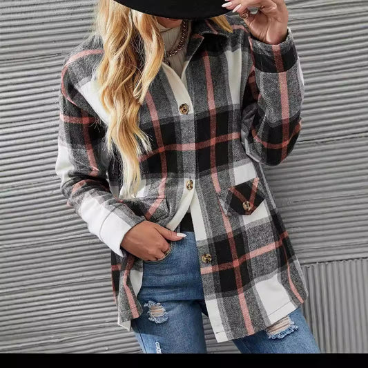 Autumn Winter Women's Wear Drop-shoulder Long-sleeve Lapel Loose Plaid Casual Shirt Coat